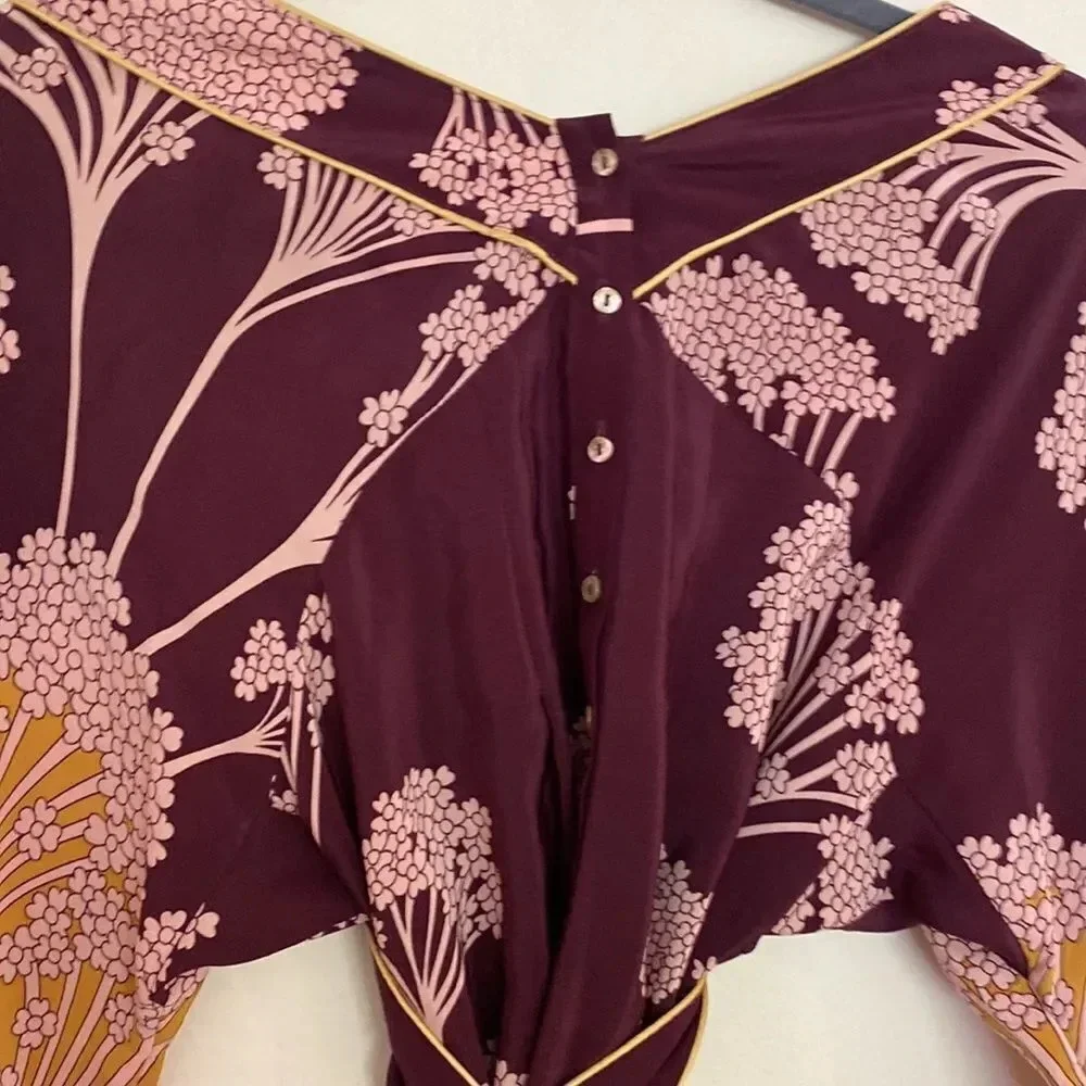 Rebecca Taylor sz 0 silk kimono style blouse w/ tie, burgundy pink and marigold